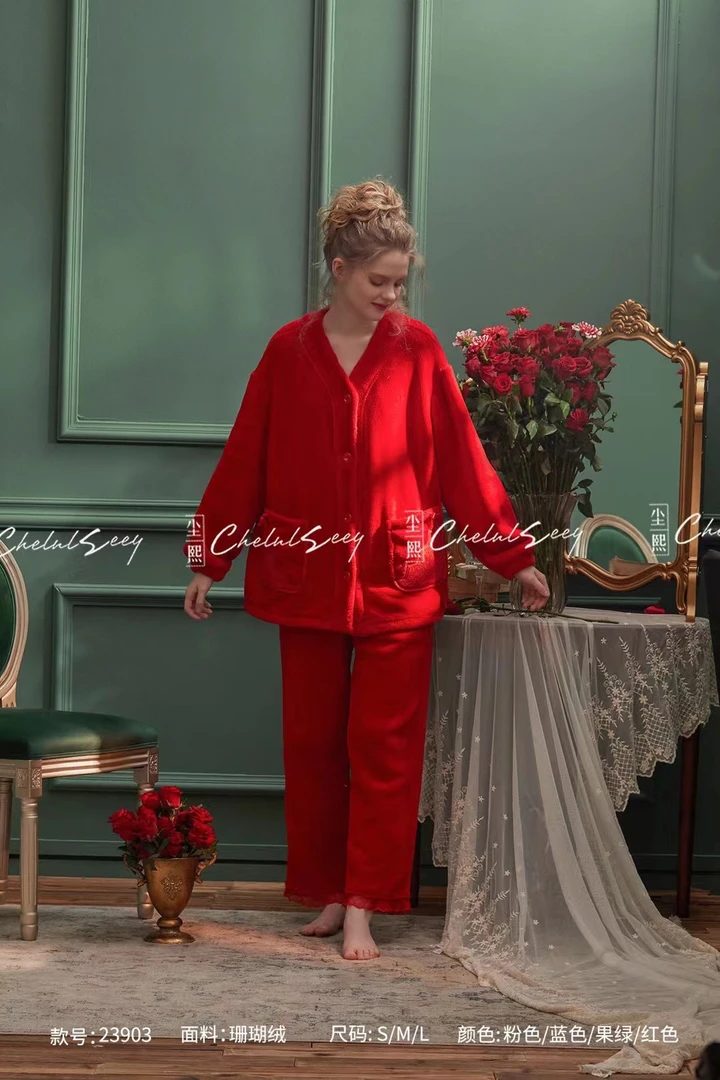 法兰绒红色保暖睡衣套装秋冬季长袖家居服甜美风