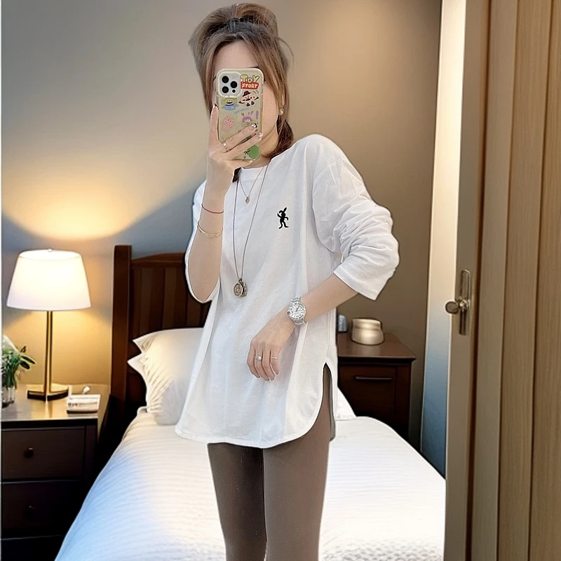 小个子打底上衣长袖白色加厚保暖秋冬宽松中长款显瘦开叉加绒韩版