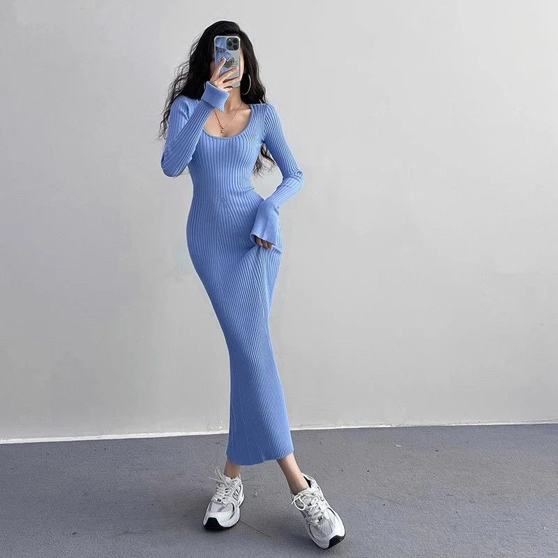 秋冬季欧美针织连衣裙女甜辣妹修身紧身打底鱼尾毛衣包臀长款裙子