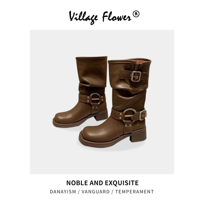 【西部牛仔】美拉德风真皮中筒长靴女秋冬不过膝复古骑士靴子马丁靴