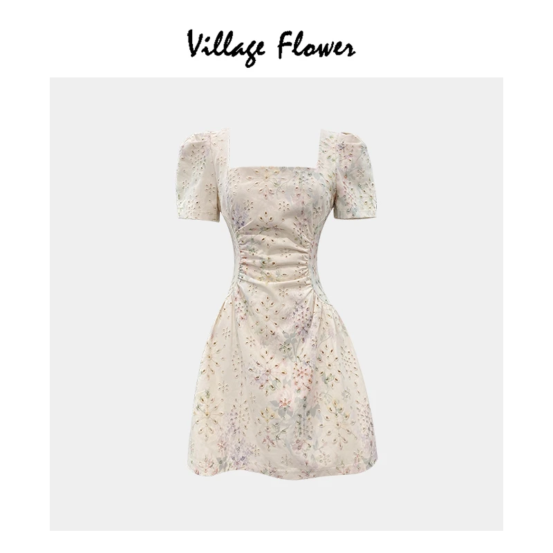 【花海约定】浪漫假期法式仙气镂空绣花连衣裙小个子方领碎花短裙子