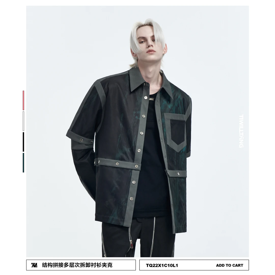 TIWILLTANG启世录 黑黄棱镜印花结构拼接多层次拆卸长袖衬衫夹克