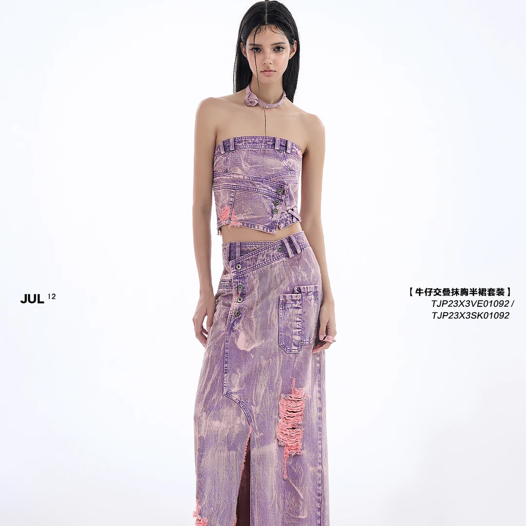 TIWILLTANG就异是“布达佩斯”新浪漫时装牛仔套装女抹胸明星同款