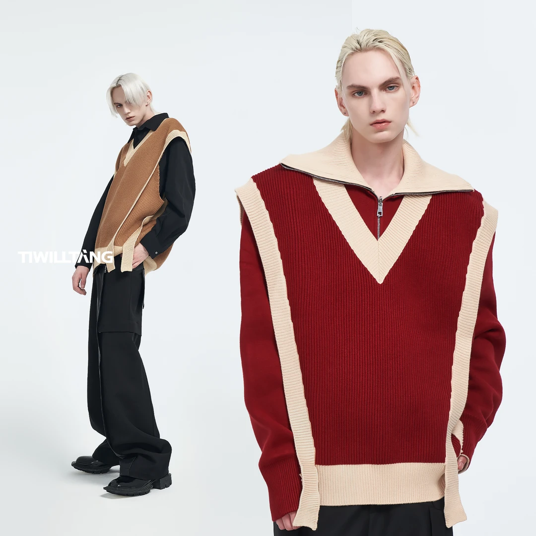 TIWILLTANG启世录 雅丹风双飘带廓形针织套头马甲撞色毛衣 秋冬