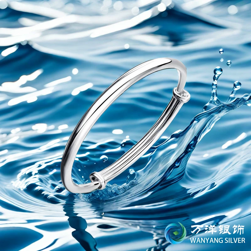 足银手镯 足银9999亮面推拉镯实心简约经典素款素圈可调节百搭