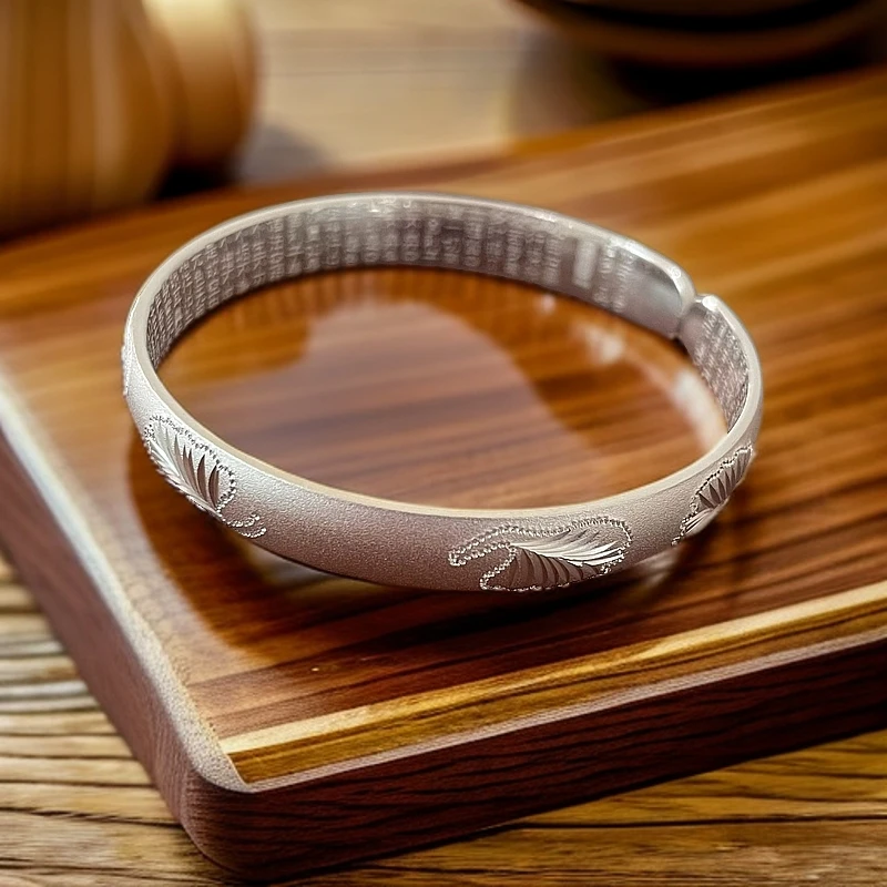 足银手镯 【“银”为是你，三生有“杏”】足银9999银杏叶磨砂心经银手镯