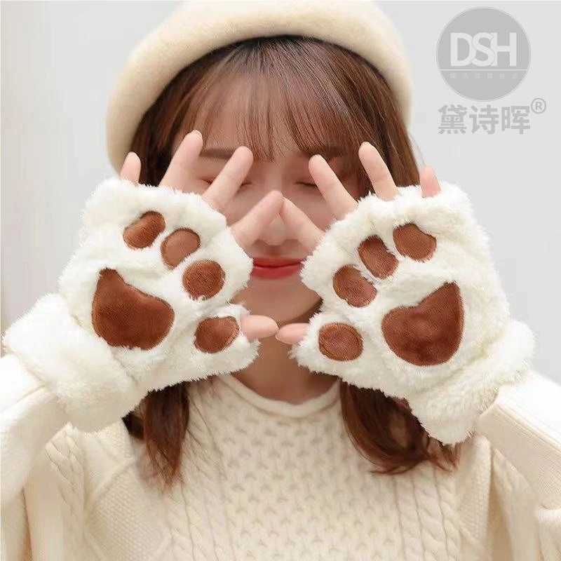 可爱猫爪毛绒手套女秋冬韩版ins学生百搭半指可触屏加厚保暖分指