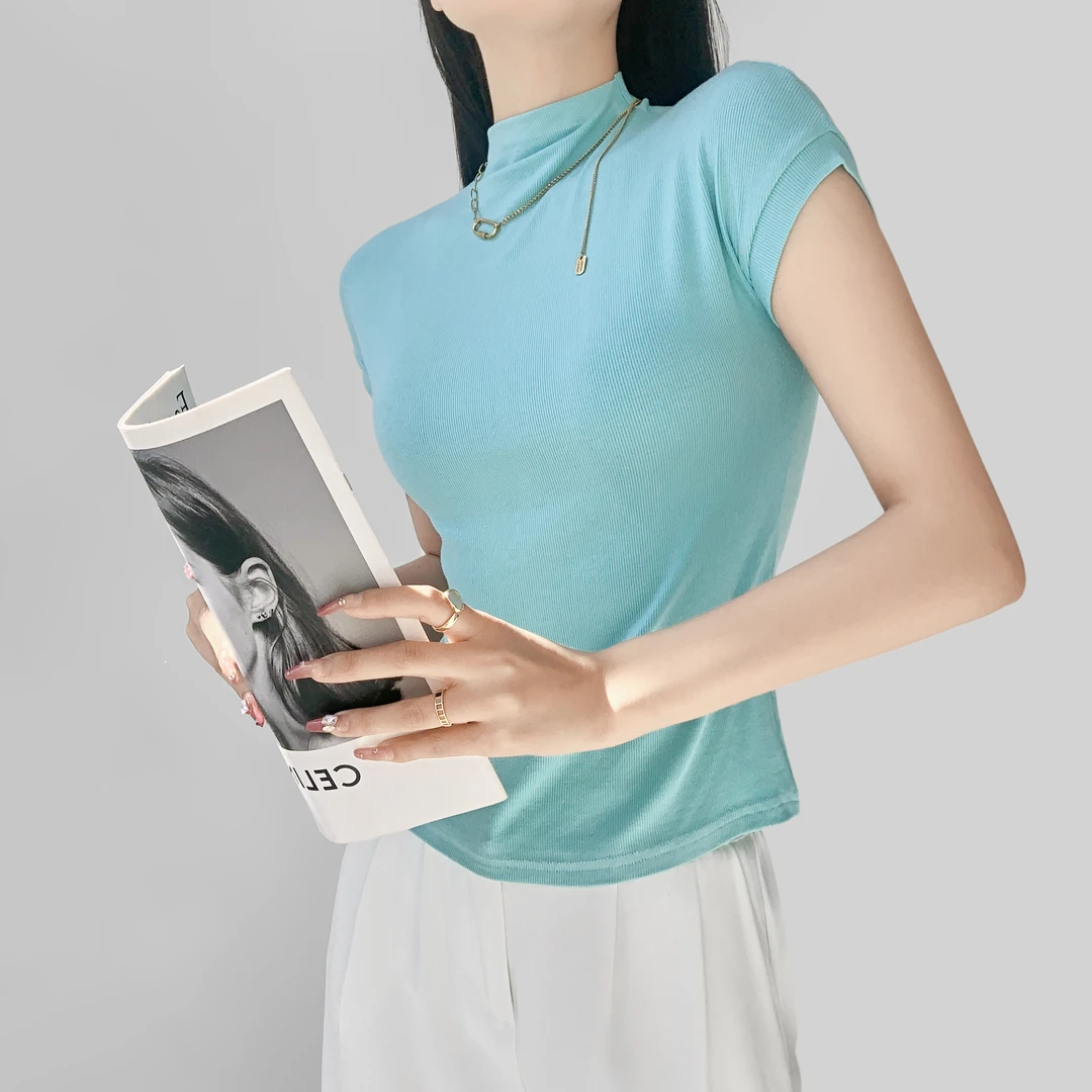 夏春茶纯欲半高领T恤女夏装百搭纯色上衣辣妹紧身内搭短袖打底衫