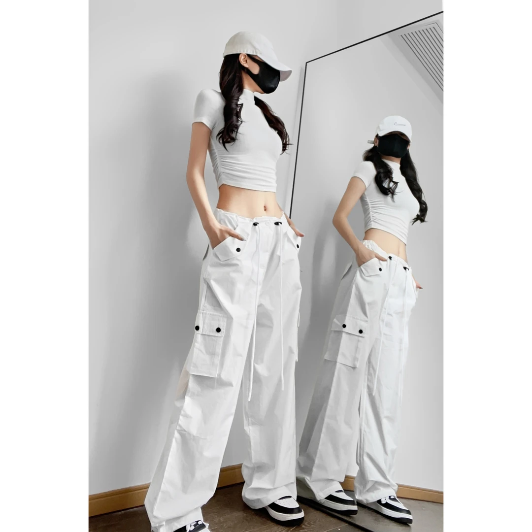 夏春茶美式复古工装裤子女2023夏季设计感绑带直筒宽松辣妹阔腿裤