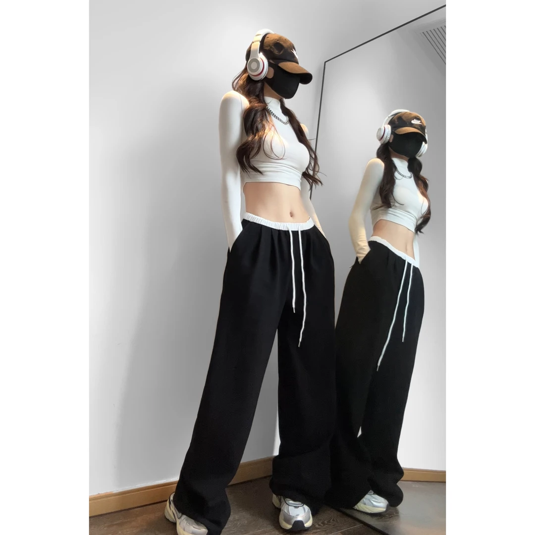 夏春茶美式黑色运动裤女2024秋冬拼色宽松休闲卫裤显高垂感阔腿裤