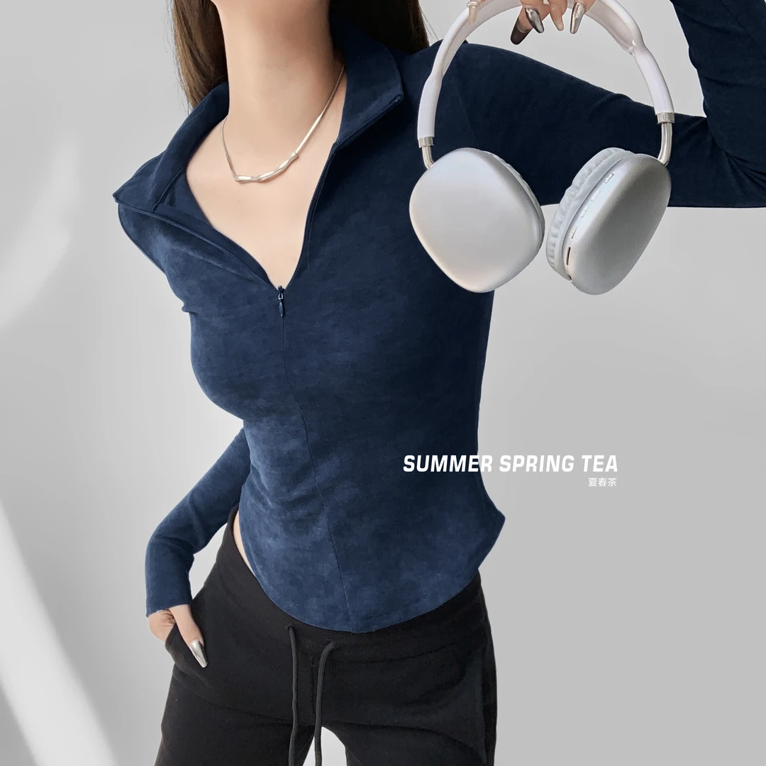 夏春茶法式风情性感蚂蚁腰晕染半拉链长袖T时髦收腰辣妹打底衫女