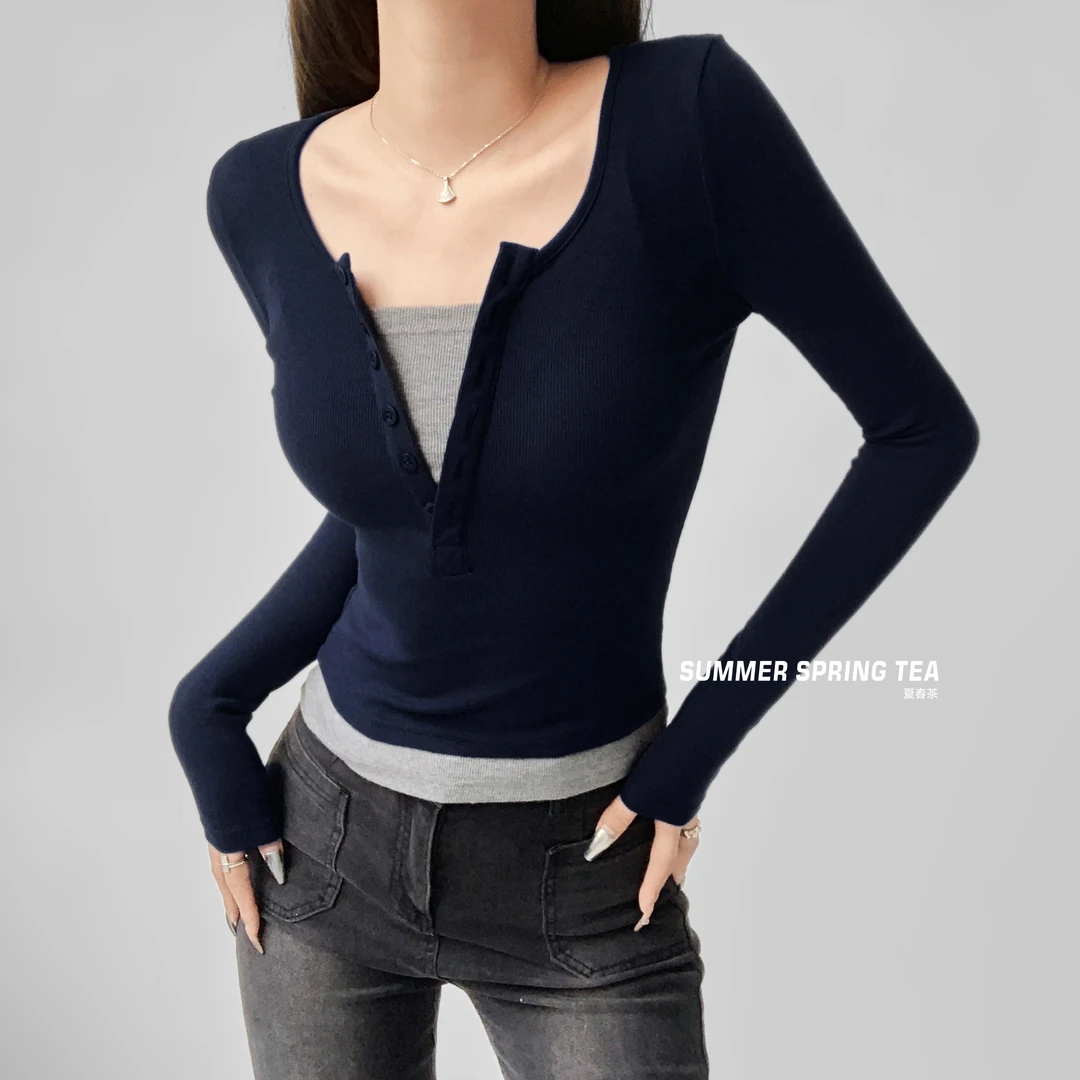 夏春茶假两件长袖T恤女秋季2023新款设计感修身显瘦拼色打底上衣