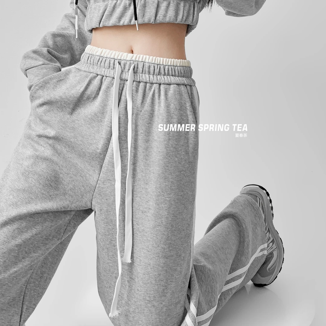 夏春茶秋冬撞色设计高腰加绒阔腿裤美式辣妹慵懒风卫裤休闲运动裤