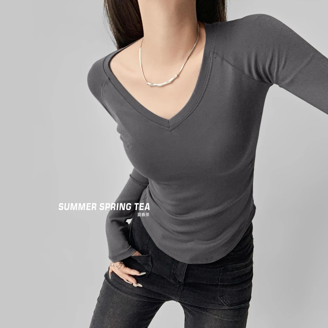 夏春茶白色v领长袖t恤女辣妹性感纯欲内搭打底衫正肩修身短款上衣