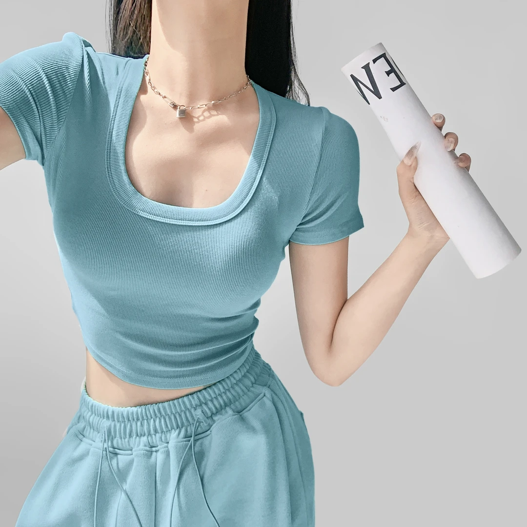 夏春茶修身弹力短袖T恤女装夏季短款显瘦设计感小众上衣打底衫潮