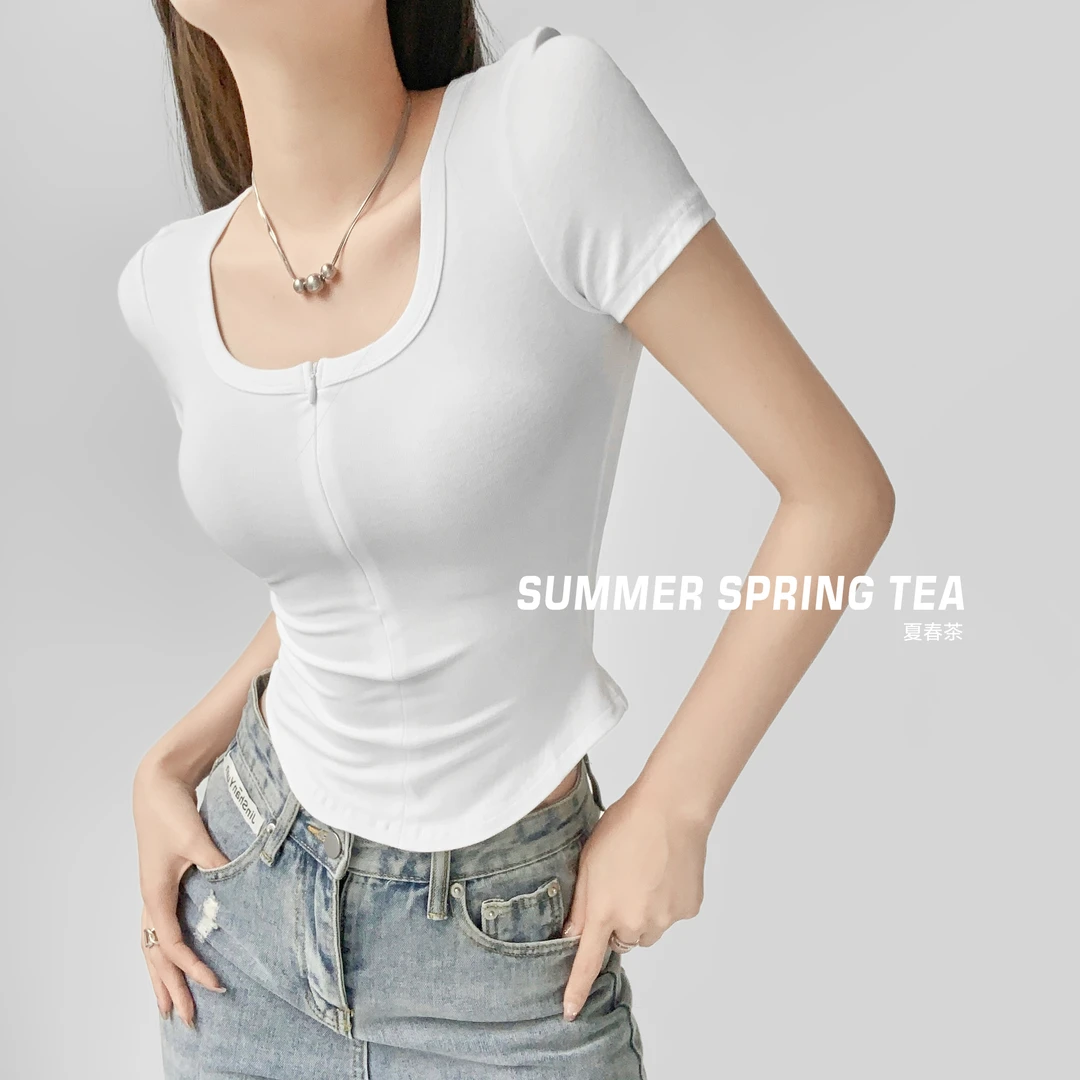 夏春茶辣妹洋气半拉链性感U领短袖T恤女装弹力紧身显瘦打底衫上衣