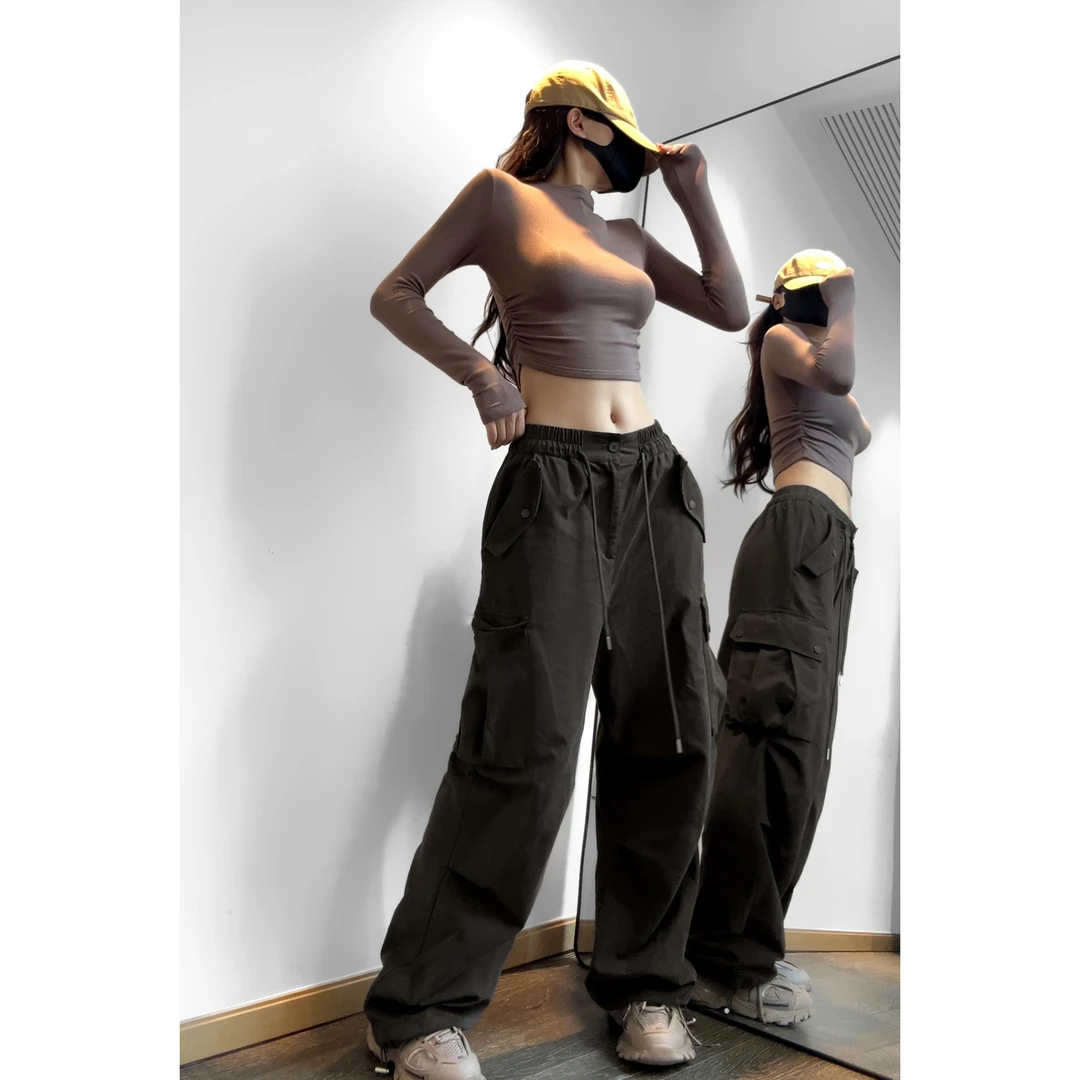 夏春茶春秋高街显瘦直筒裤休闲高腰阔腿工装裤辣妹百搭款