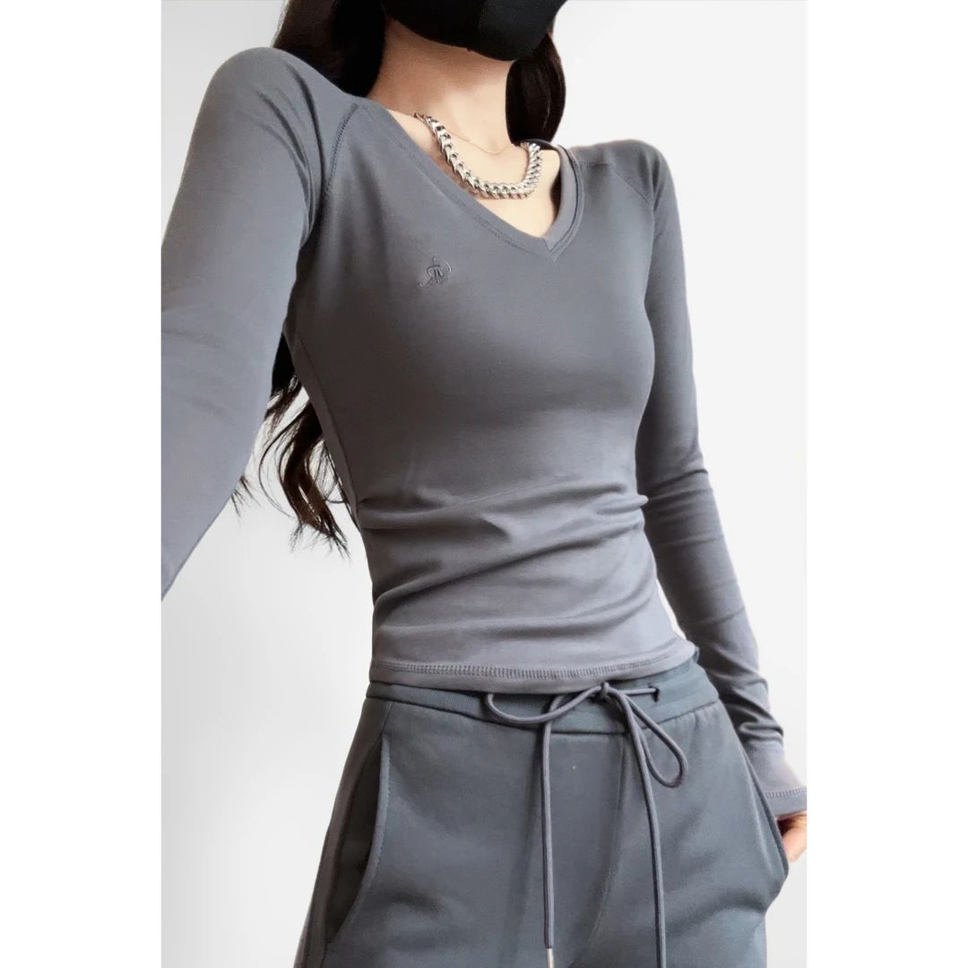 夏春茶V领纯色褶皱长袖T恤女秋季新款修身显瘦打底衫上衣ins