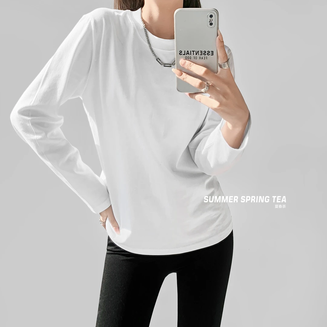 夏春茶白色打底衫圆领长袖T恤女秋冬内搭叠穿宽松设计感小众上衣