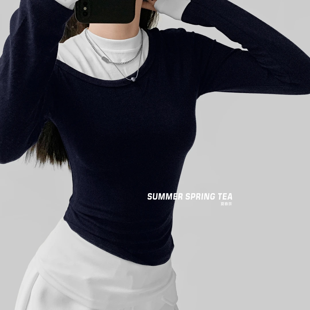 夏春茶设计感撞色拼接假两件圆领T恤女冬季时髦修身辣妹百搭打底