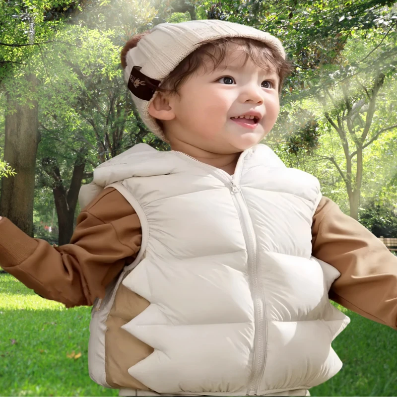 新品儿童马甲冬季2023新款男童女童外套立体造型羽绒背心连帽马甲