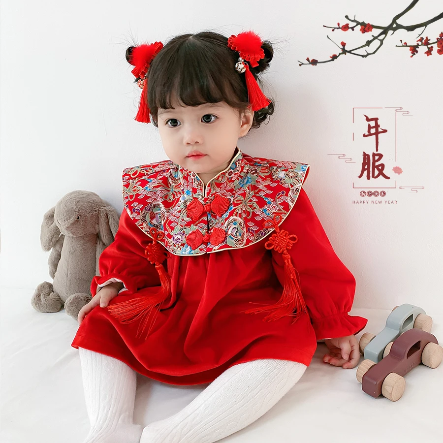 加绒女童连衣裙冬装婴儿宝宝一周岁礼服抓周宴公主中国风过年拜年