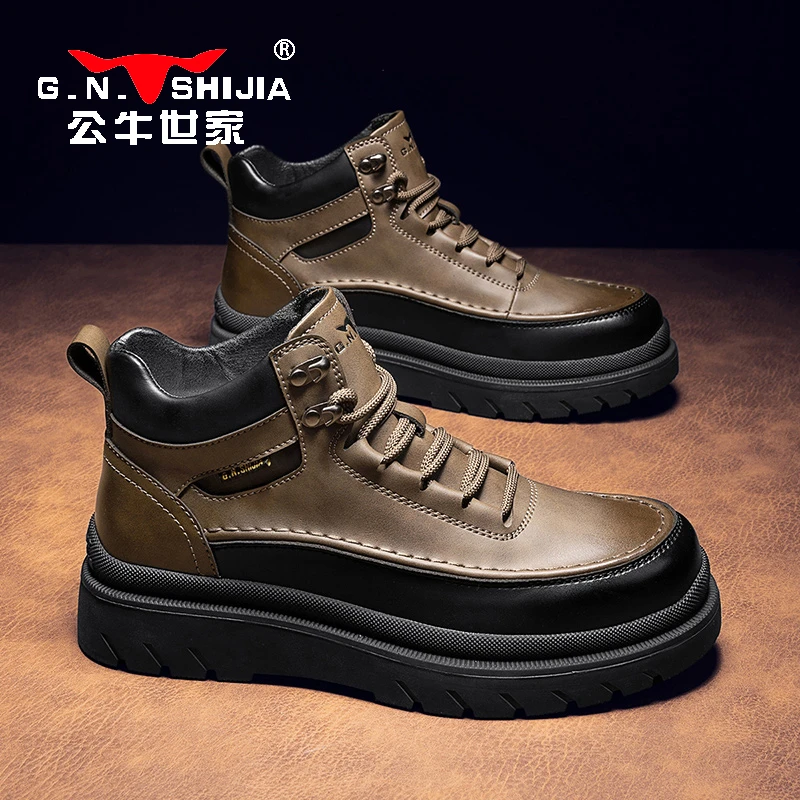 公牛世家秋季男士高帮皮鞋厚底增高户外马丁靴男新款休闲时尚男鞋