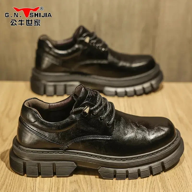 公牛世家皮鞋男士厚底大头男鞋春季新款低帮英伦休闲商务马丁靴