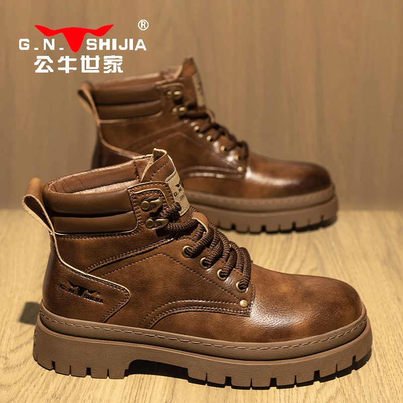 公牛世家马丁靴秋冬季新款英伦风工装靴男士中帮休闲复古大头皮靴