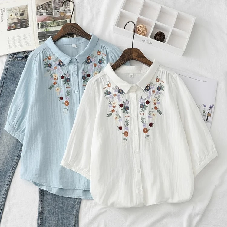 双层棉纱短袖衬衫女宽松刺绣花朵2024夏装文艺纯棉柔软半袖衬衣