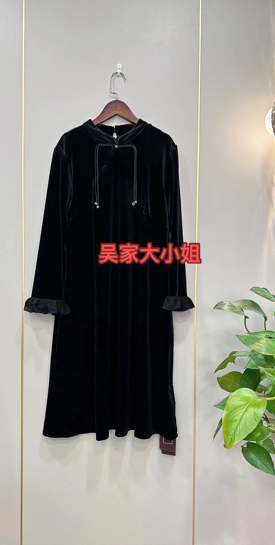 w1508新中式金丝绒中长款连衣裙