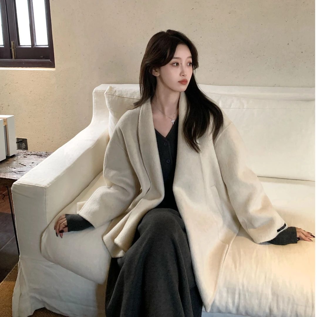 Frida.zz-不规则下摆浴袍领千金全羊毛外套