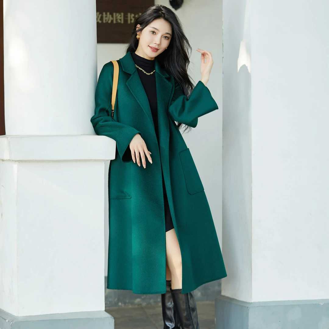 【诗语专属】经典水波纹长款高端羊毛大衣女新款韩版宽松毛呢轻奢