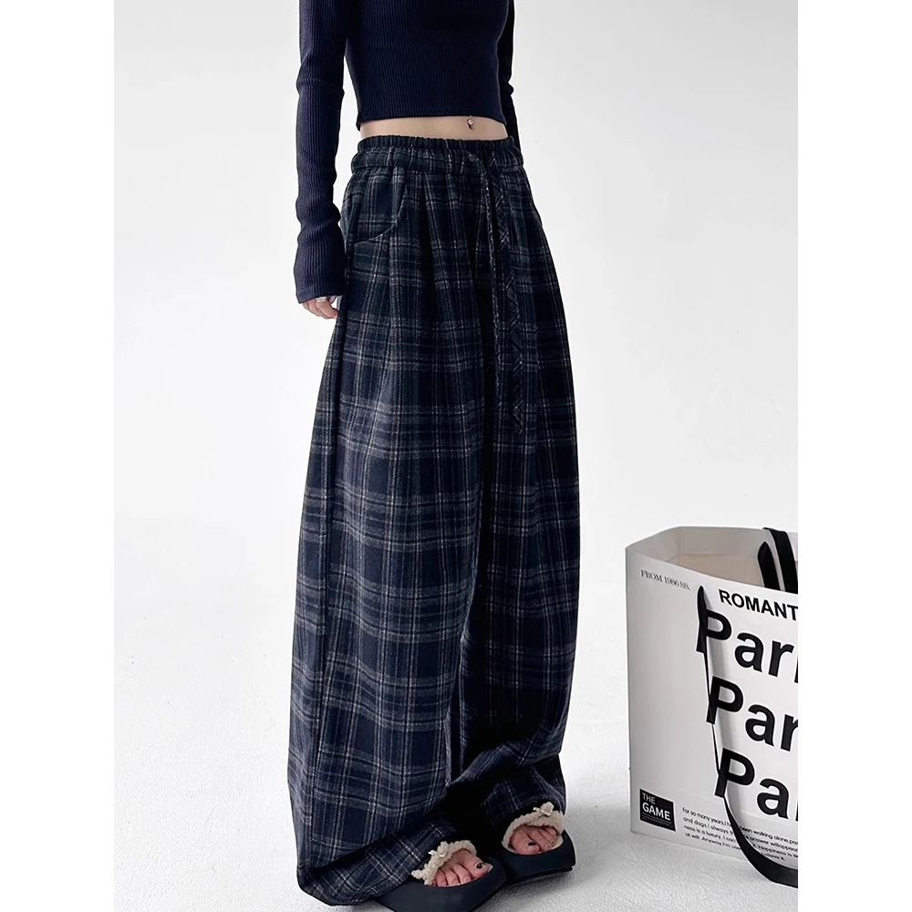 NS女装 慵懒风复古格子休闲裤子女春秋新款宽松显瘦冬款阔腿长裤