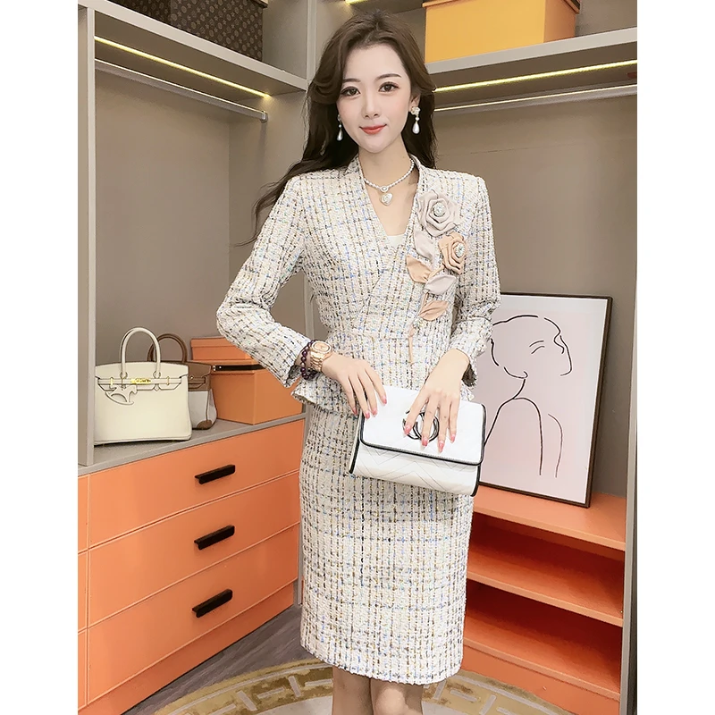 国内设计师品牌2025春季蓝格子名媛小香风时尚套装女格纹套裙