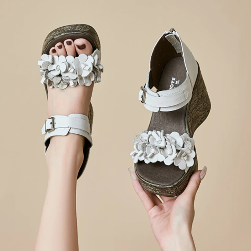 2025夏季新款百搭鱼嘴坡跟厚底高跟鞋女配裙子防水台罗马真皮凉鞋