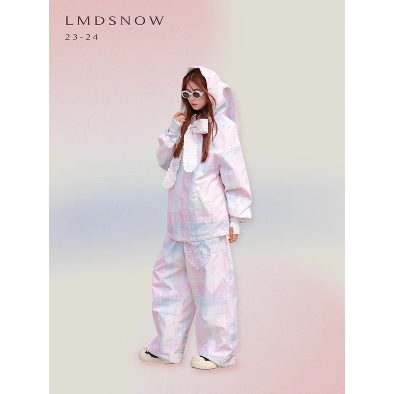 LMDSNOW滑雪服3L套装粉色格纹兔子连帽外套防水保暖加棉女款休闲