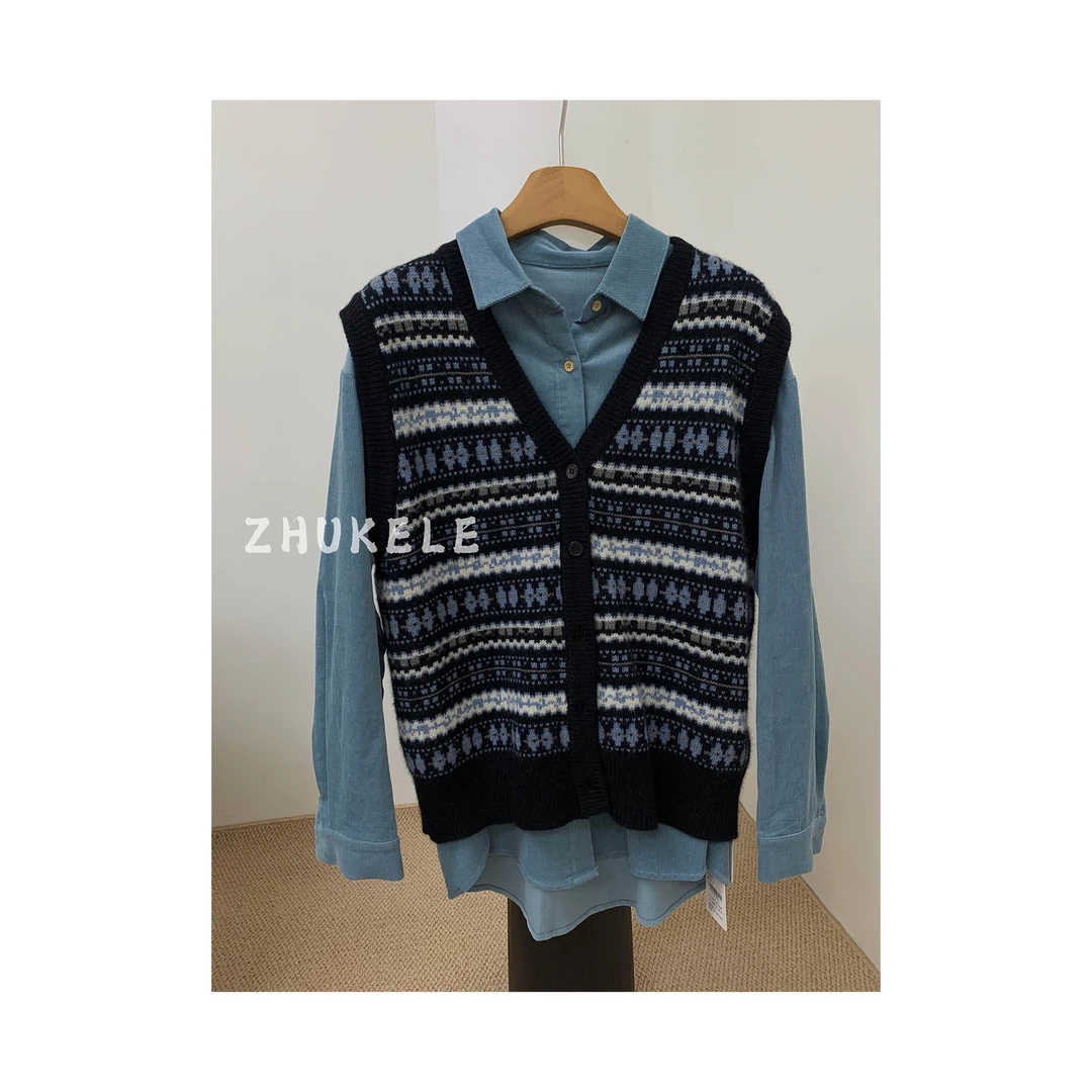 zhukele 【no退no换】V领复古拼条羊毛马甲  休闲百搭时尚