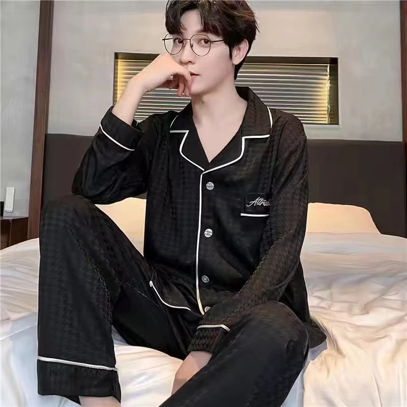 【燕子专属】情侣睡衣男款冰雪丝千鸟格提花夏季薄款家居服可外出穿