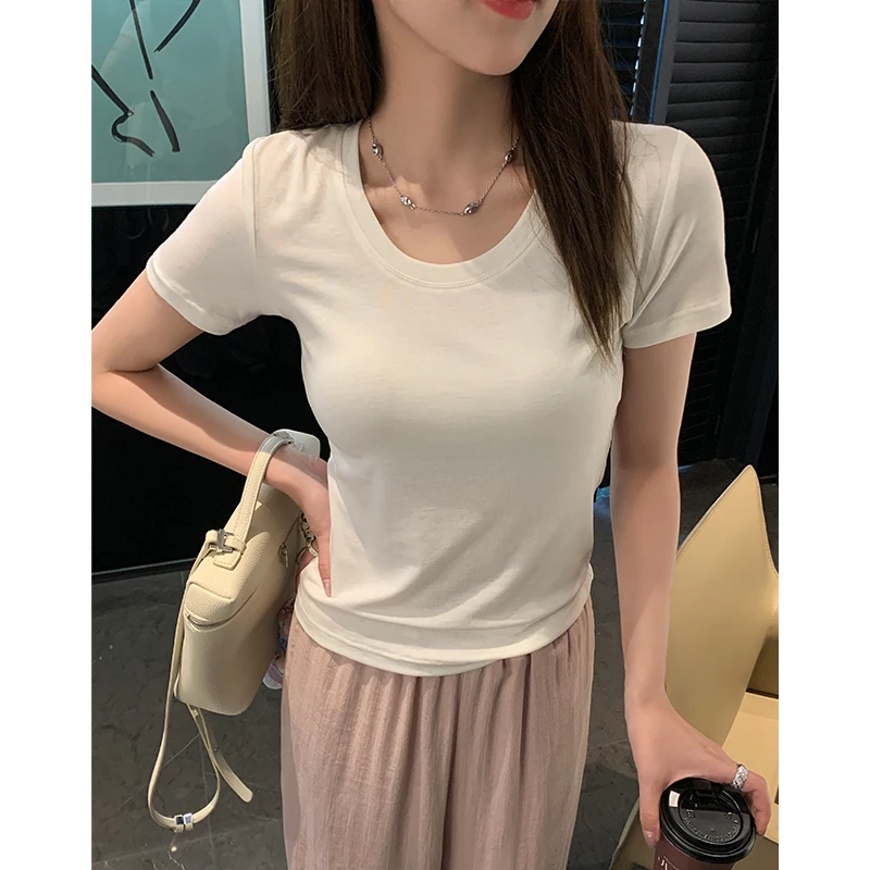 莱赛尔天丝冰感U领短袖女夏季宽松休闲白色正肩上衣T恤