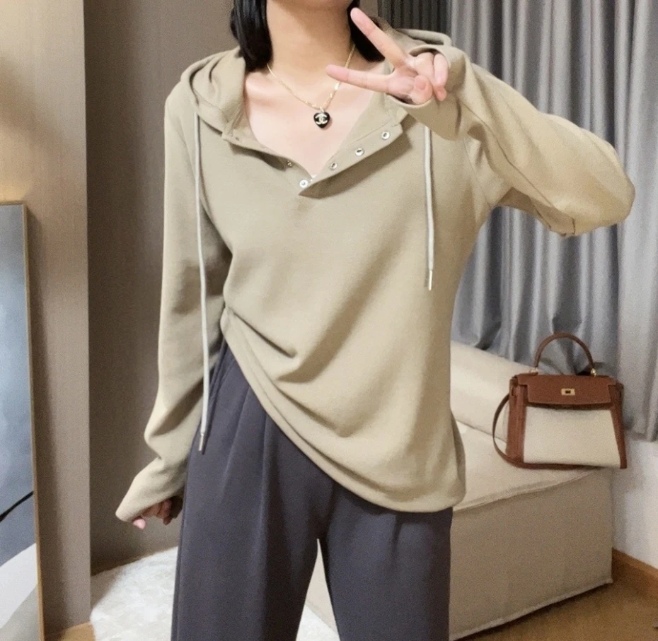 韩版连帽抽绳卫衣女秋季宽松显瘦纯色小排扣长袖上衣外套W0906