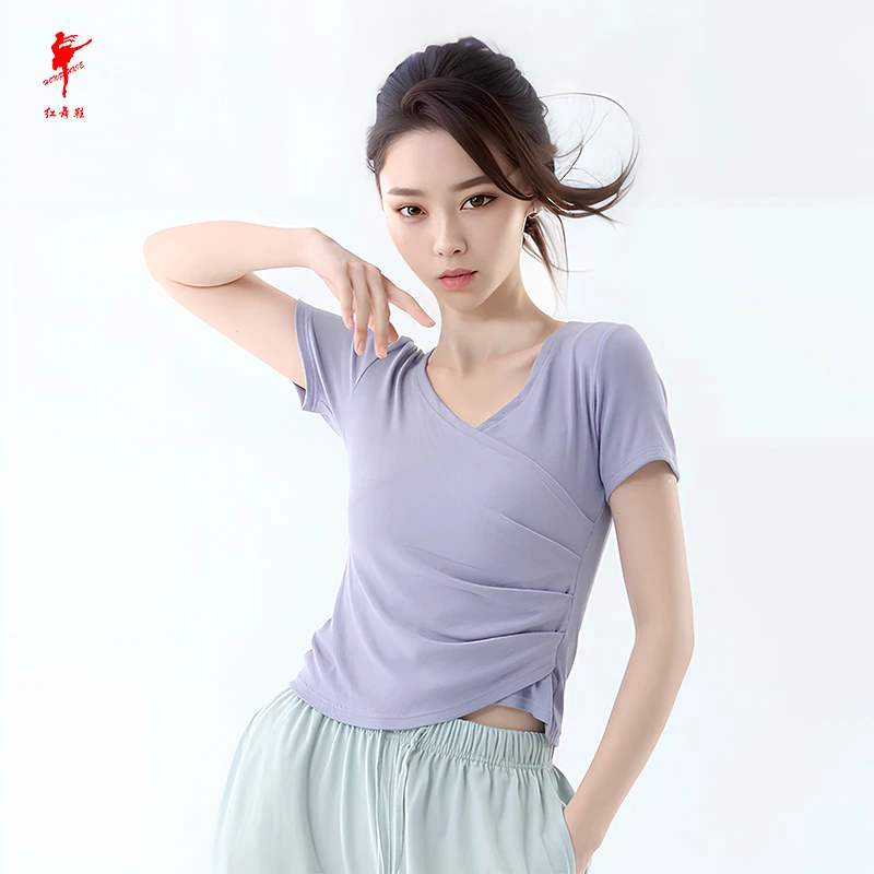 红舞鞋舞蹈服女芭蕾舞练功服中国古典舞拼接短袖现代舞服35781
