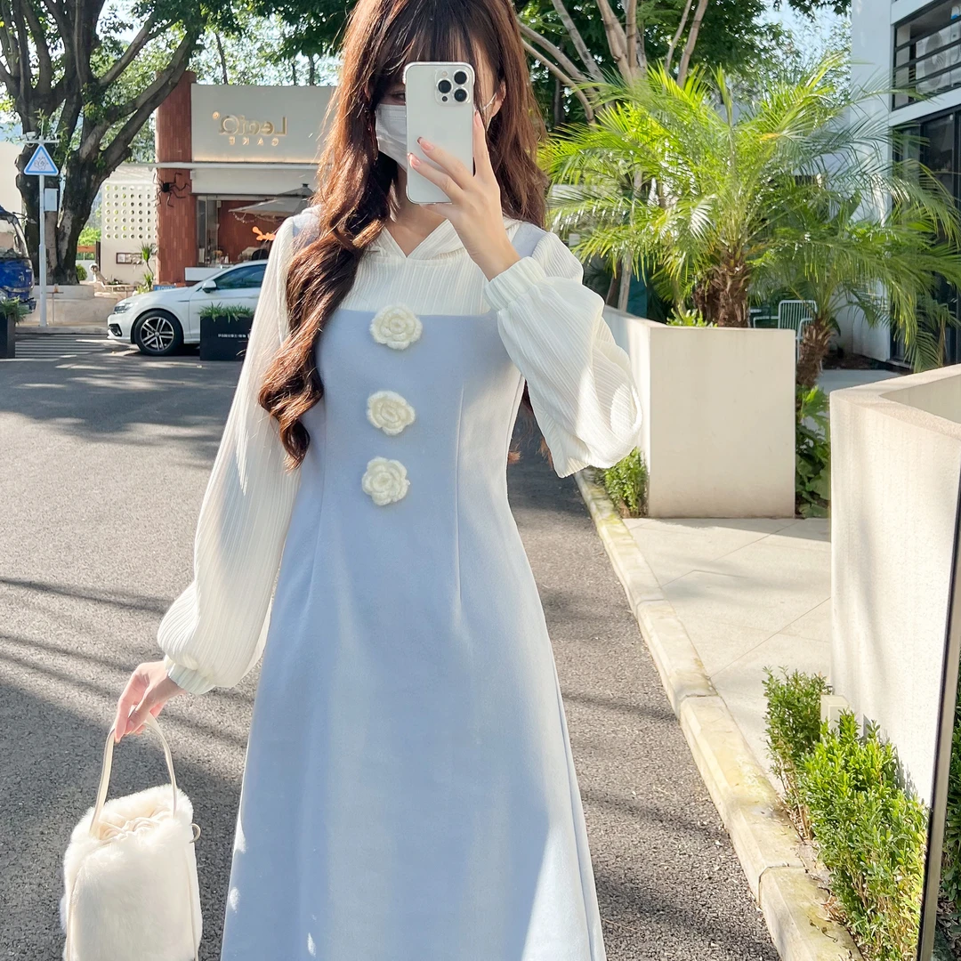 花崎鹿原创洛莉白雪连衣裙韩系气质长袖连衣裙秋冬内搭长裙呢子厚