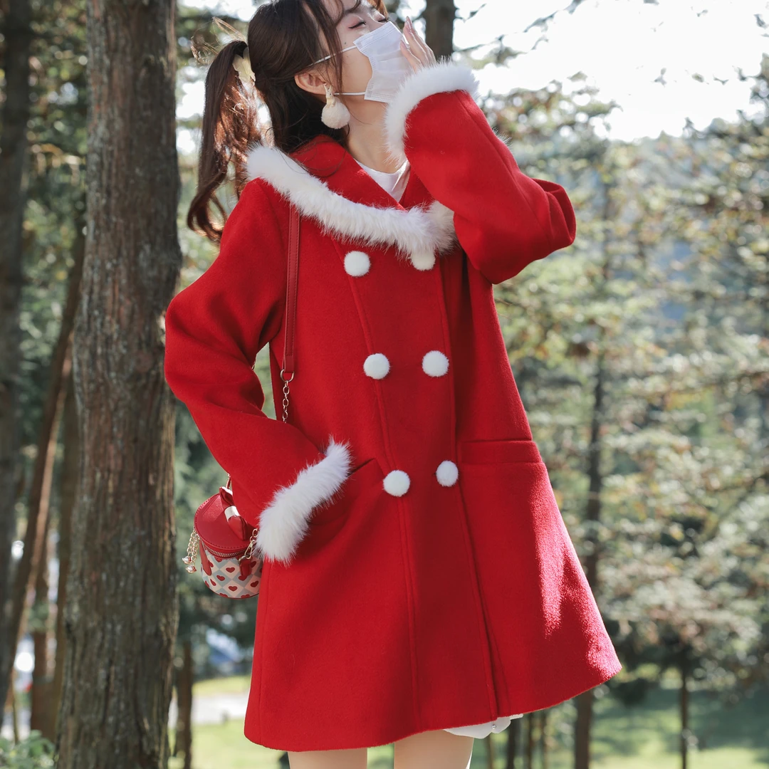 雪松の奶酪 花崎鹿圣诞新年穿搭红色毛呢外套双排扣学院风加厚夹棉
