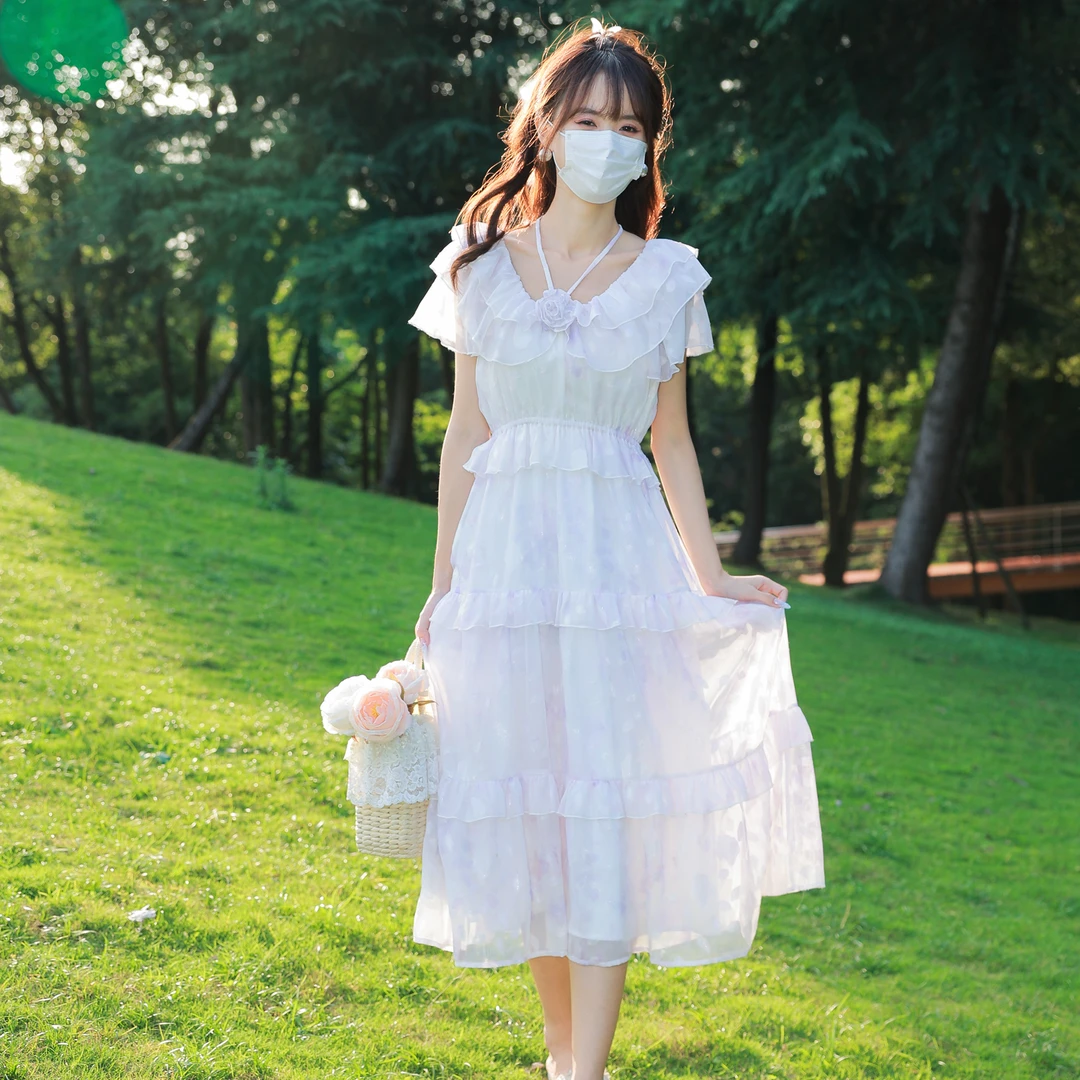花崎鹿原创设计仙云之花连衣裙夏季甜美小清新法式收腰