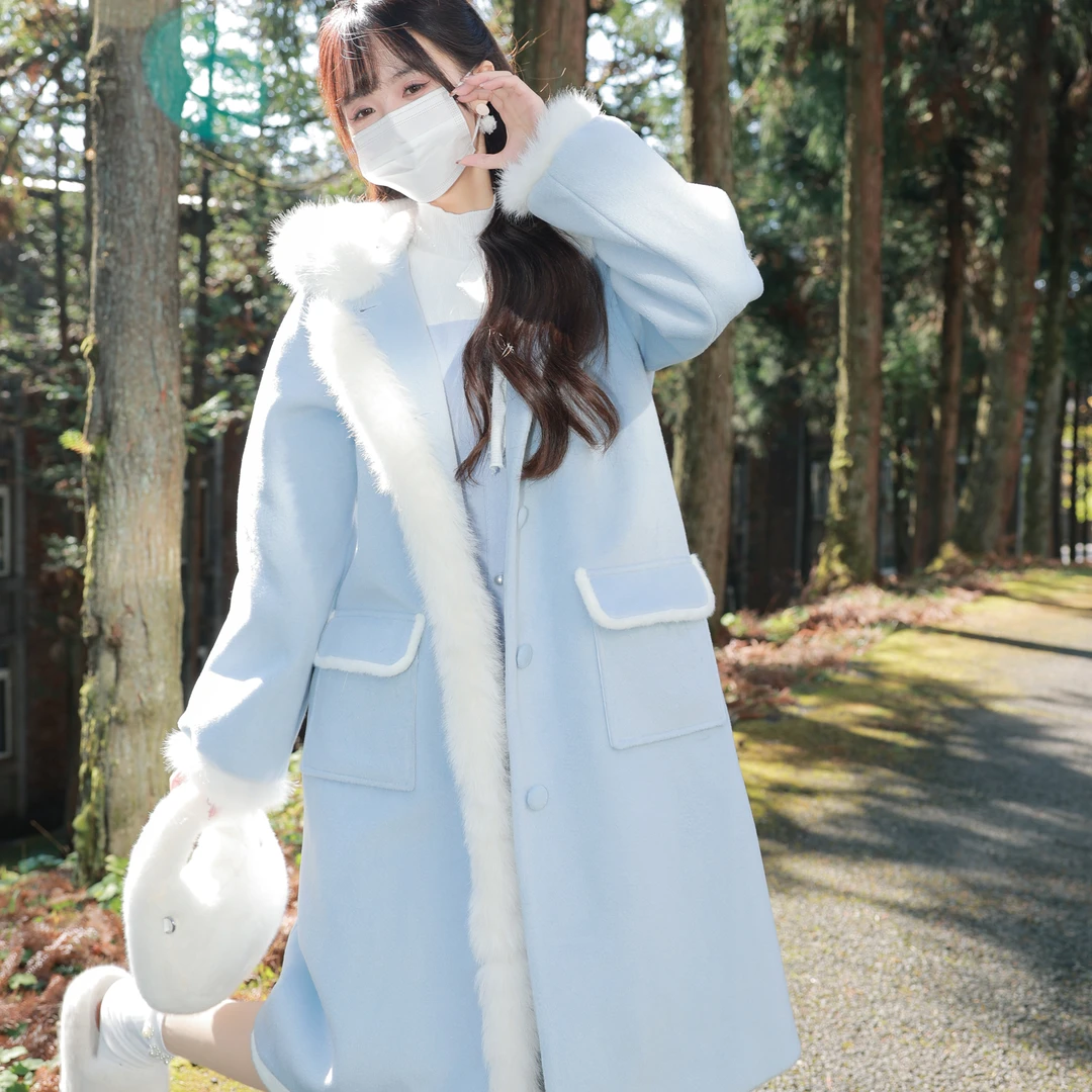 花崎鹿原创冬日来意毛呢外套加绒加厚保暖秋冬中长款蓝色连帽甜美