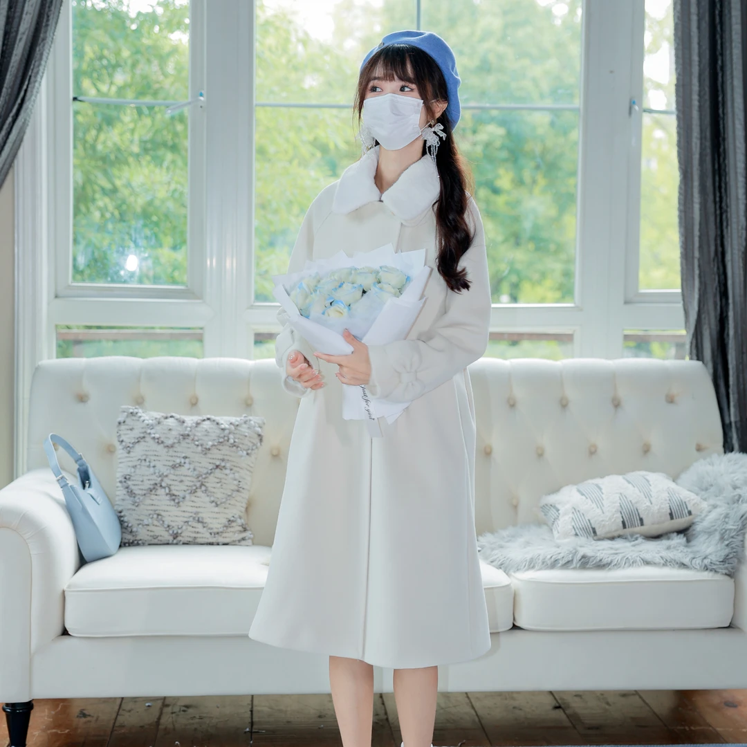 花崎鹿原创 波莉情书甜美娃娃领蝴蝶结毛呢外套大衣双排扣新年