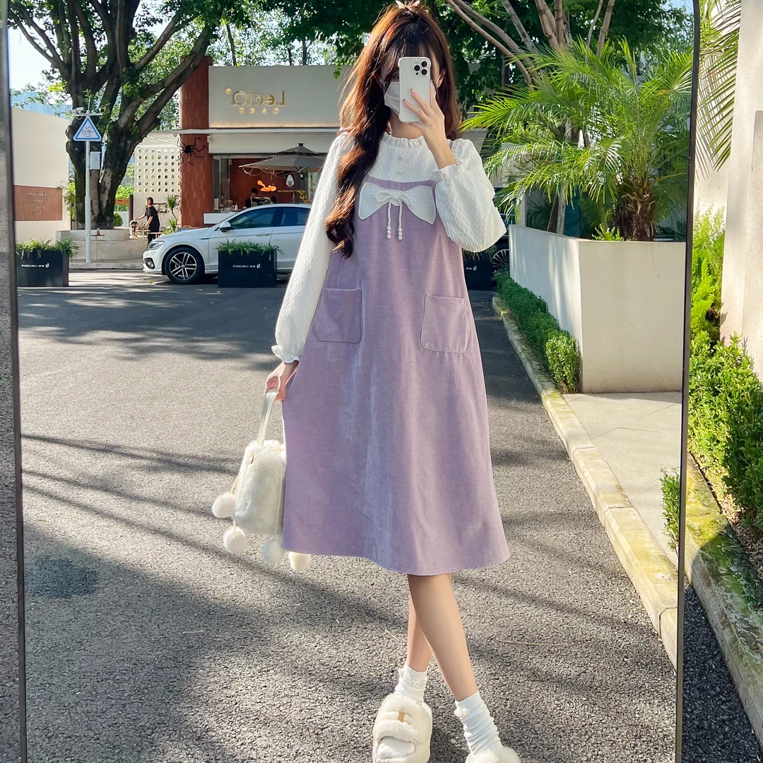 花崎鹿原创出逃晚宴假两件连衣裙雪尼尔长裙紫色秋冬内搭裙小个子