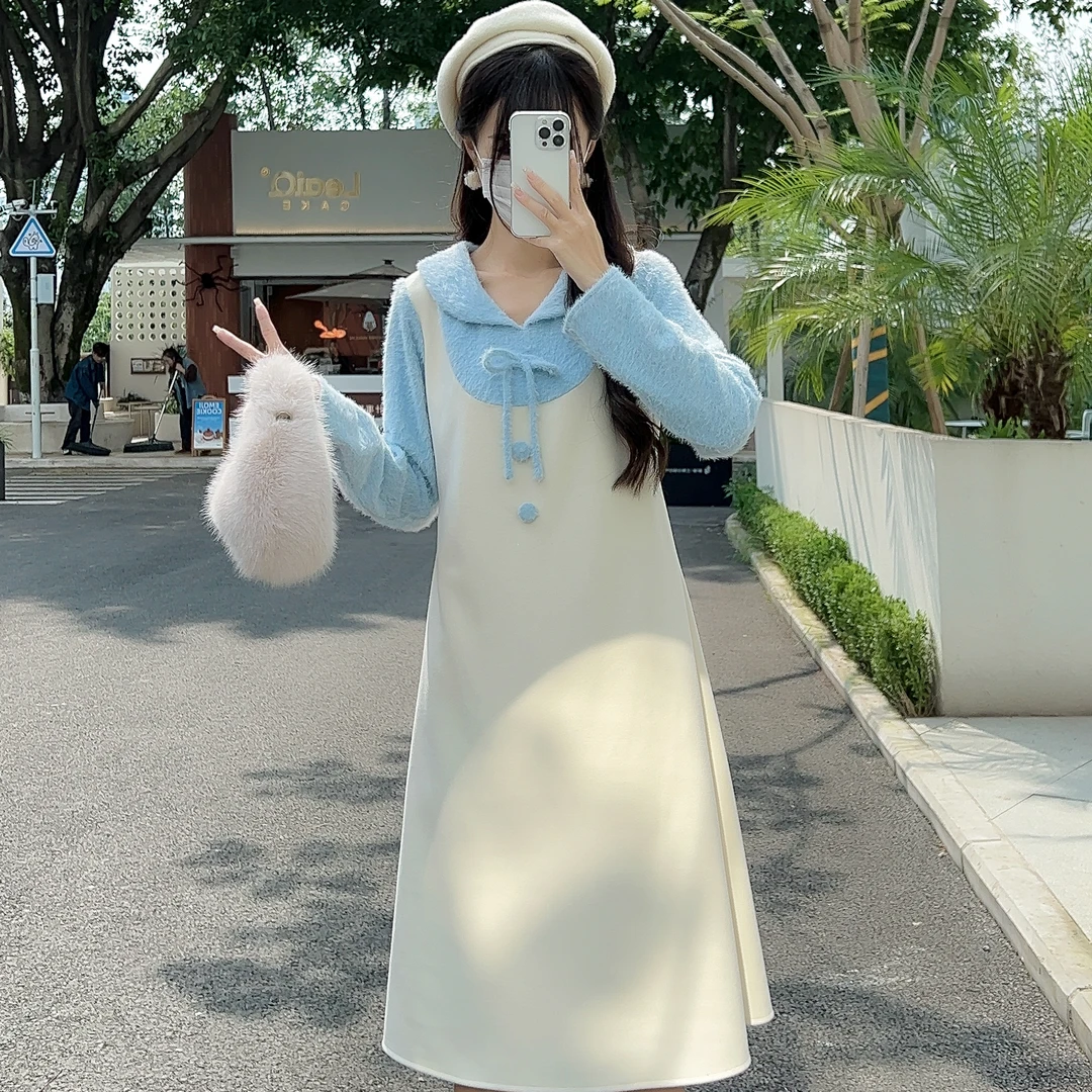 花崎鹿原创白色梦屿甜美秋冬呢子减龄海军领显瘦连衣裙长袖假两件