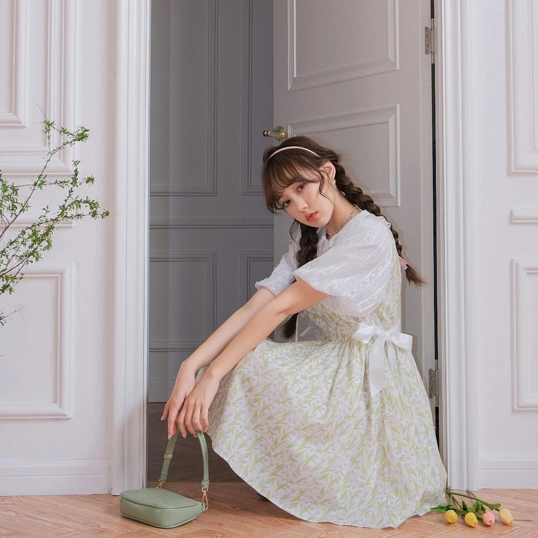 花崎鹿原创娃娃领假两件连衣裙郁金香印花日系少女蝴蝶结甜美可爱